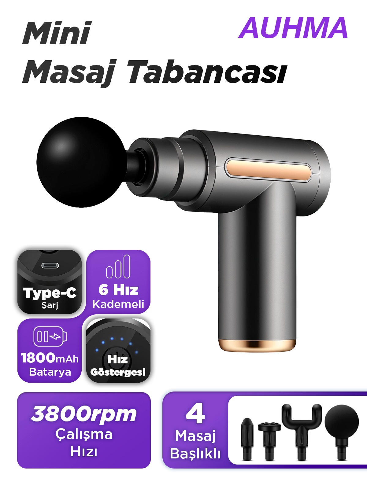 Auhma AMG6 Masaj Tabancası – 6 Kademeli, Derin Doku Masajı, Yüksek Tork Motor