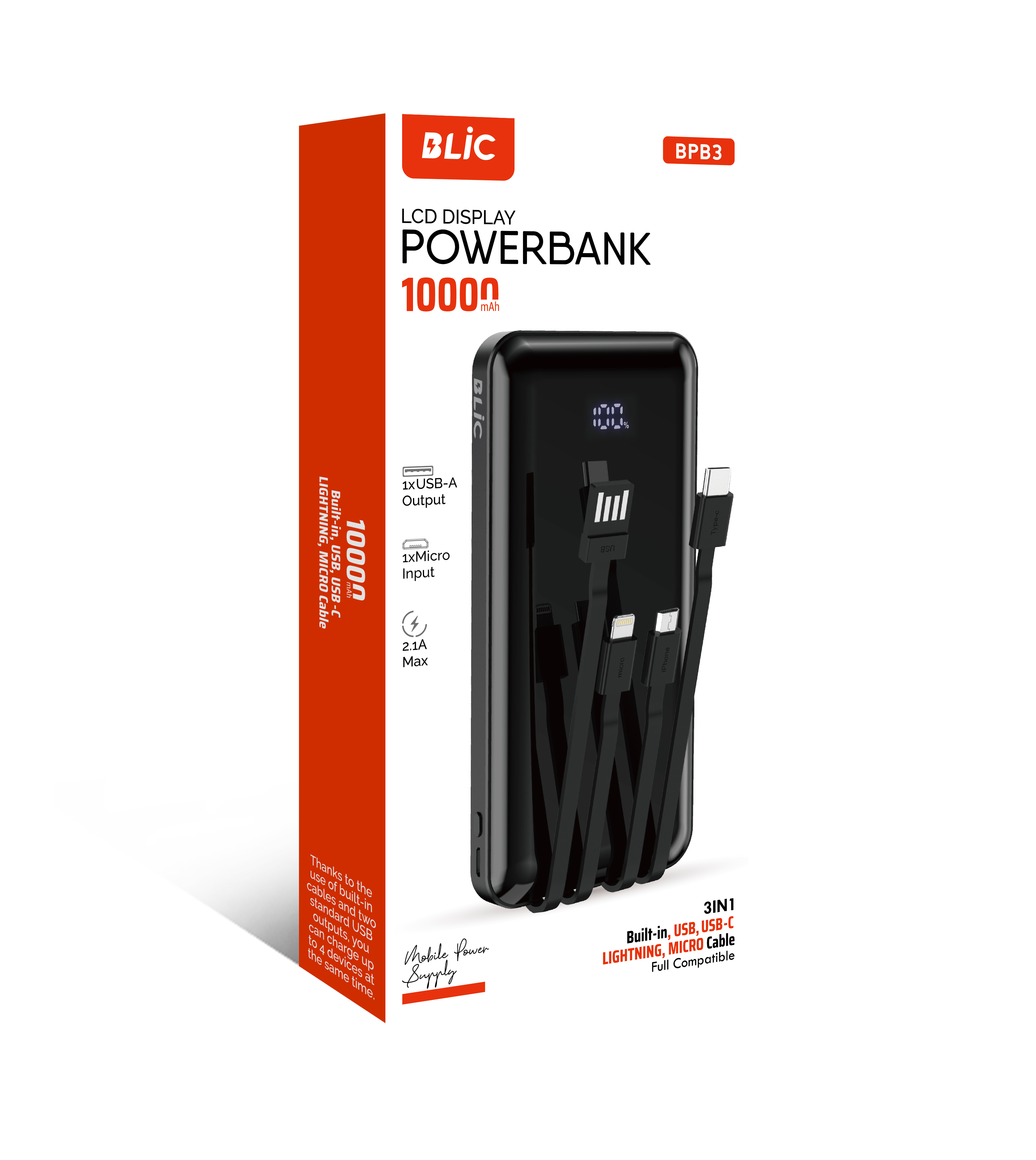 BLIC BPB3 10.000mAh LCD Ekranlı Powerbank | 3in1 Dahili Kablolu, 2.1A, USB-A & USB-C Girişli