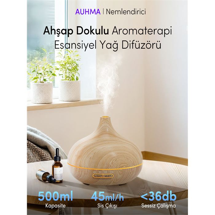 Auhma 500ml Ahşap Görünümlü Aromaterapi Hava Nemlendirici - 7 Renkli LED, Sessiz Çalışma, BPA İçermez
