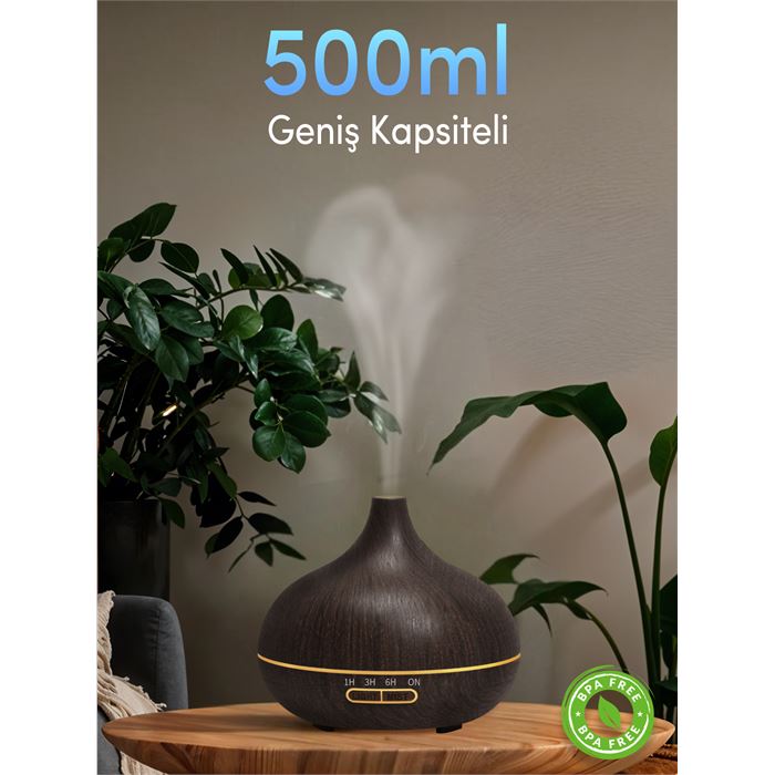 Auhma 500ml Ahşap Görünümlü Aromaterapi Hava Nemlendirici - 7 Renkli LED, Sessiz Çalışma, BPA İçermez