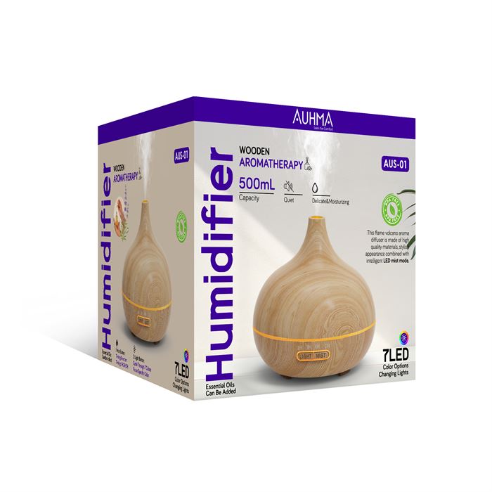 Auhma 500ml Ahşap Görünümlü Aromaterapi Hava Nemlendirici - 7 Renkli LED, Sessiz Çalışma, BPA İçermez