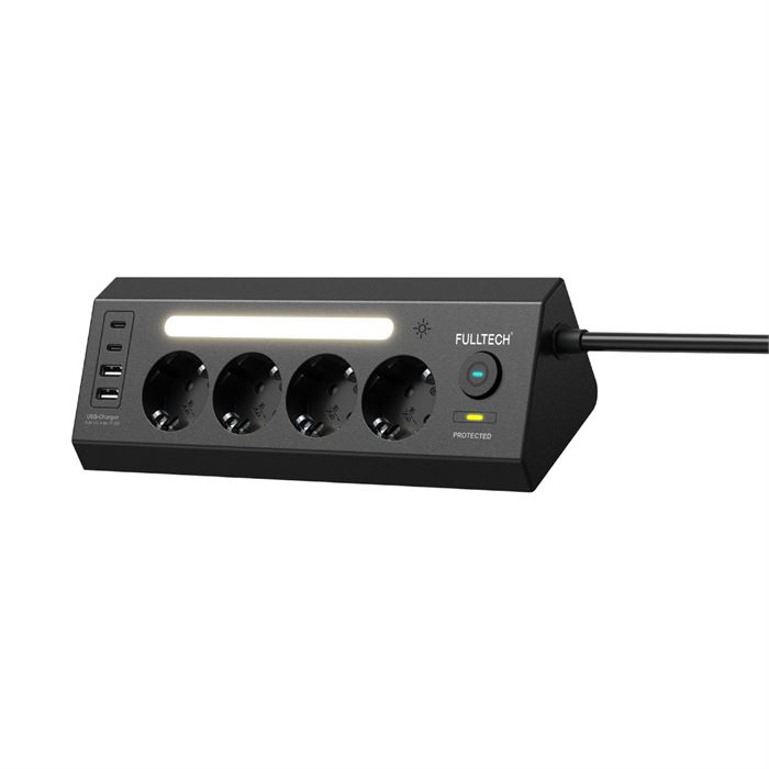 Fulltech FTR-22 Gece Lambalı Akım Korumalı Çoklu Priz - Siyah