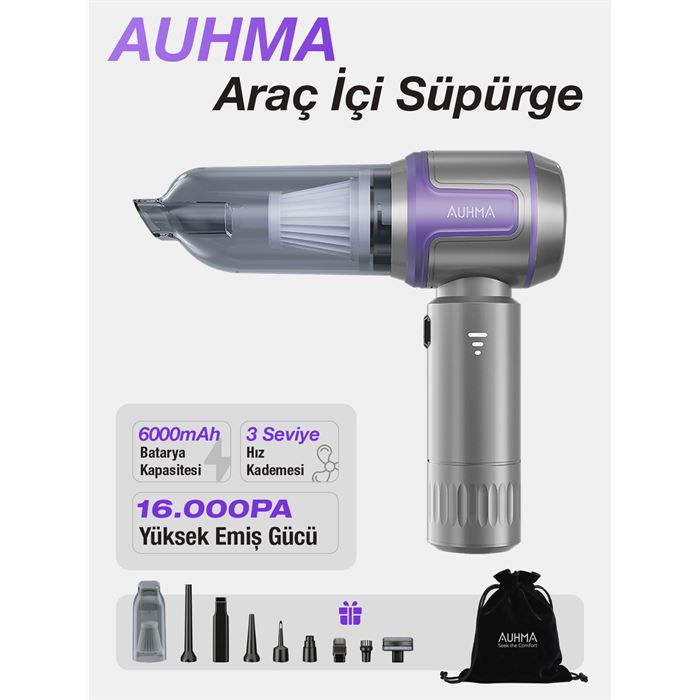 Auhma AHV-09 Kablosuz Taşınabilir Araç İçi El Süpürgesi | 16000PA Güçlü Vakum | 4’ü 1 Arada Çok Amaçlı Temizlik