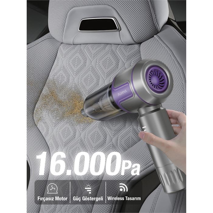 Auhma AHV-09 Kablosuz Taşınabilir Araç İçi El Süpürgesi | 16000PA Güçlü Vakum | 4’ü 1 Arada Çok Amaçlı Temizlik