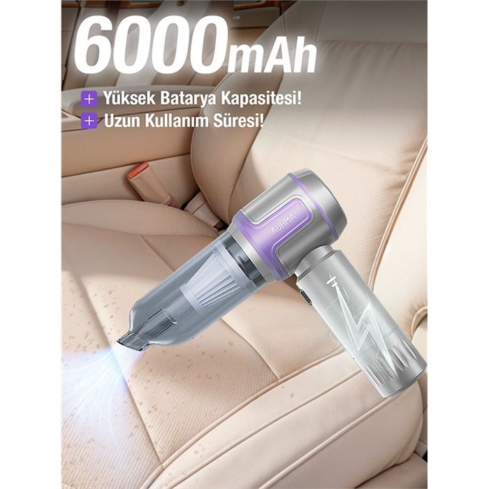 Auhma AHV-09 Kablosuz Taşınabilir Araç İçi El Süpürgesi | 16000PA Güçlü Vakum | 4’ü 1 Arada Çok Amaçlı Temizlik