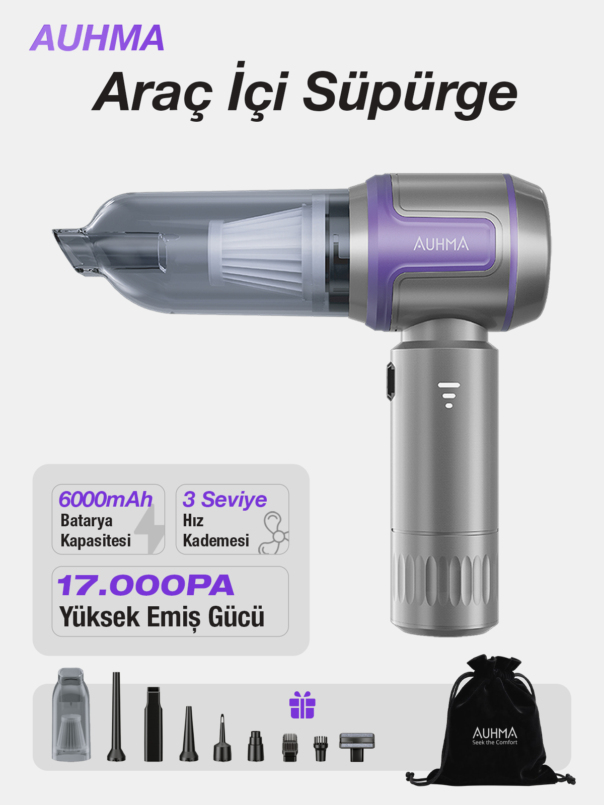 Auhma AHV-09 Kablosuz Taşınabilir Araç İçi El Süpürgesi | 17000PA Güçlü Vakum | 4’ü 1 Arada Çok Amaçlı Temizlik