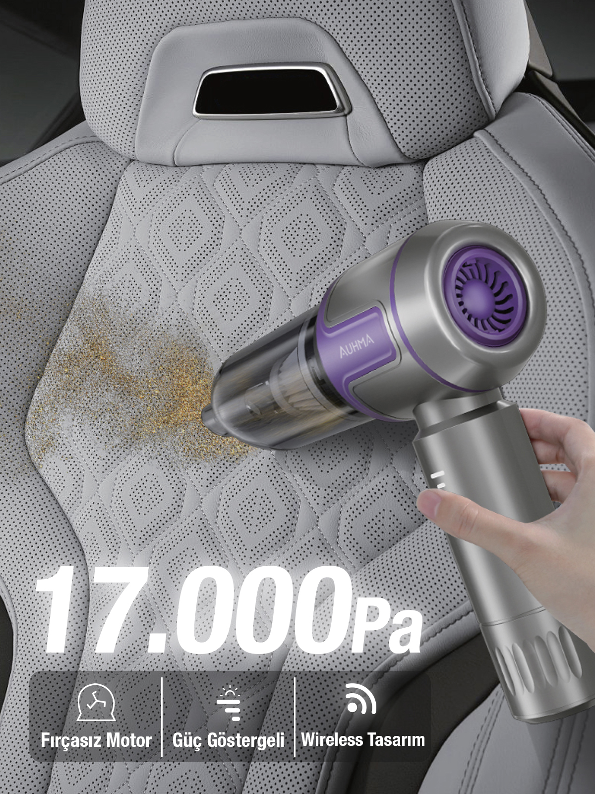 Auhma AHV-09 Kablosuz Taşınabilir Araç İçi El Süpürgesi | 17000PA Güçlü Vakum | 4’ü 1 Arada Çok Amaçlı Temizlik
