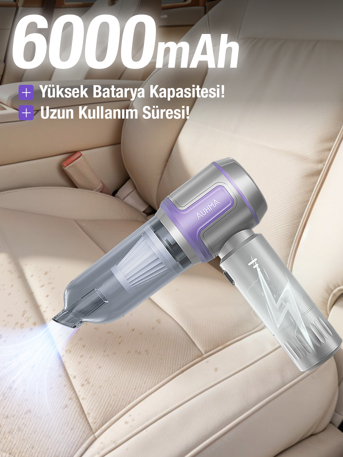 Auhma AHV-09 Kablosuz Taşınabilir Araç İçi El Süpürgesi | 17000PA Güçlü Vakum | 4’ü 1 Arada Çok Amaçlı Temizlik