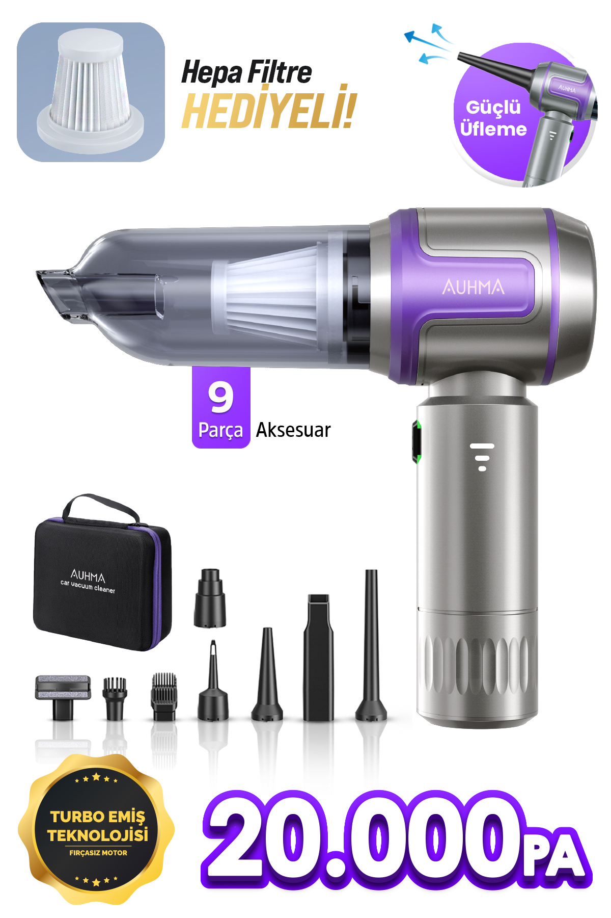 Auhma AHV-09 Kablosuz Taşınabilir Araç İçi El Süpürgesi | 20000PA Güçlü Vakum | 4’ü 1 Arada Çok Amaçlı Temizlik