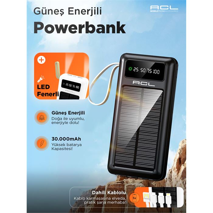 ACL PW-61 30.000mAh Güneş Enerjili Powerbank | 5 Cihaz Aynı Anda Şarj | USB-C & Lightning & Micro USB & 2x USB Çıkış | Dahili LED Fener