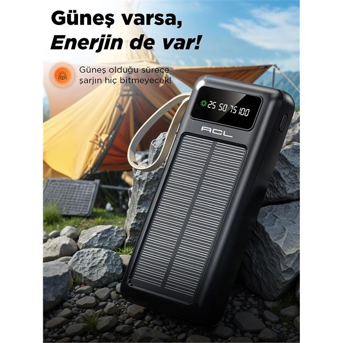 ACL PW-61 30.000mAh Güneş Enerjili Powerbank | 5 Cihaz Aynı Anda Şarj | USB-C & Lightning & Micro USB & 2x USB Çıkış | Dahili LED Fener