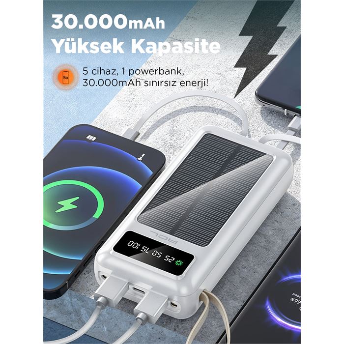ACL PW-61 30.000mAh Güneş Enerjili Powerbank | 5 Cihaz Aynı Anda Şarj | USB-C & Lightning & Micro USB & 2x USB Çıkış | Dahili LED Fener