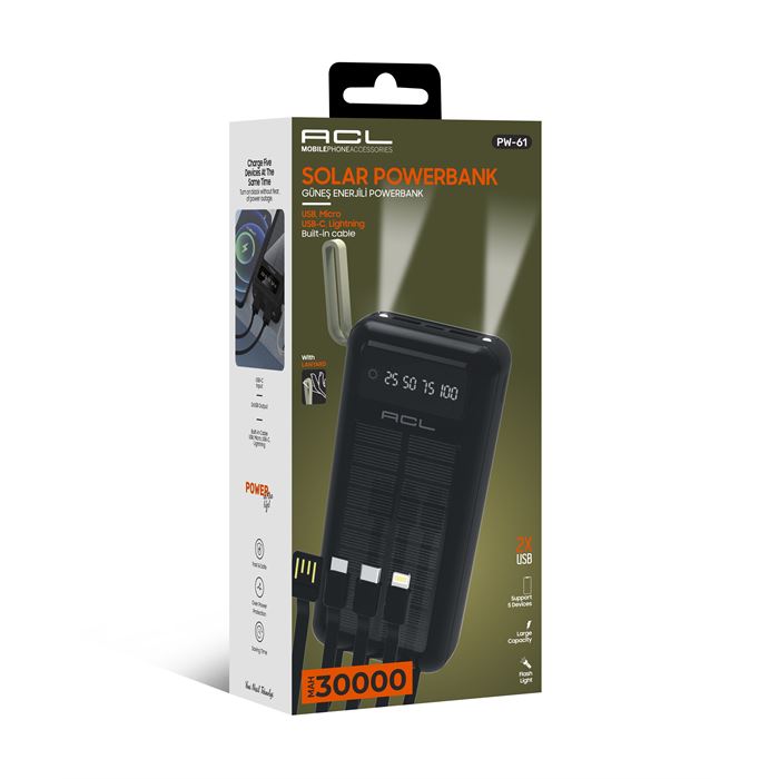 ACL PW-61 30.000mAh Güneş Enerjili Powerbank | 5 Cihaz Aynı Anda Şarj | USB-C & Lightning & Micro USB & 2x USB Çıkış | Dahili LED Fener