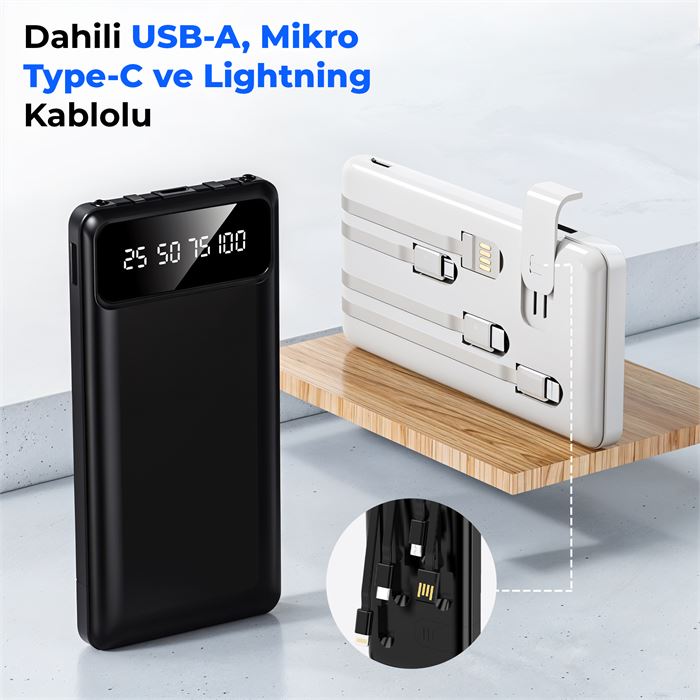 ACL PW-82 10.000mAh Powerbank Siyah | Çoklu Şarj Kablolu, Hızlı & Taşınabilir Şarj Cihazı