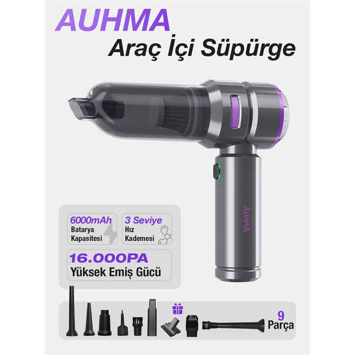 Auhma AHV-01 Kablosuz Güçlü Araç Süpürgesi ve Hava Üfleyici | 16000PA Vakum Gücü | 3 Kademeli Hız | 9 Parça Aksesuar