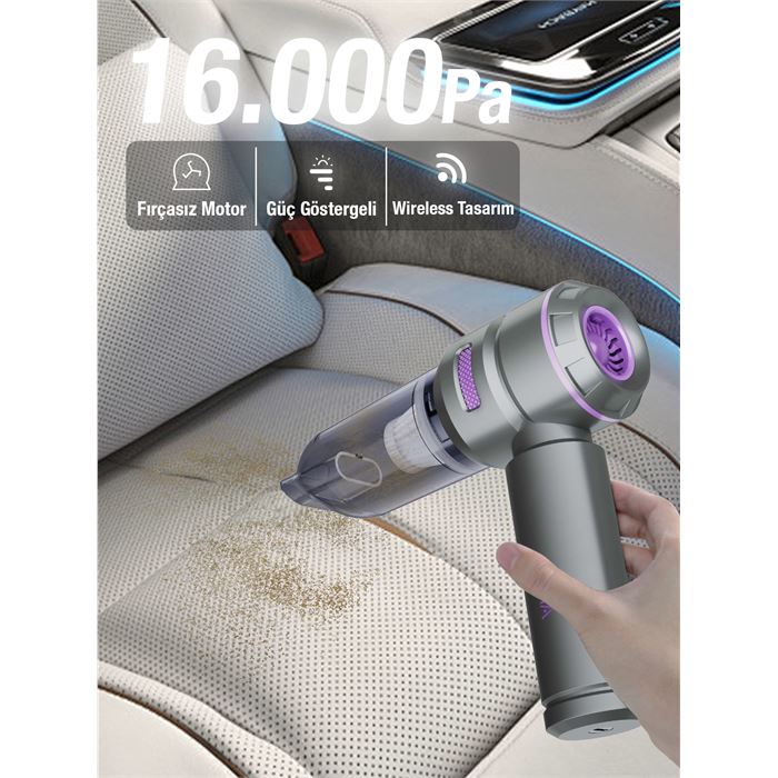 Auhma AHV-01 Kablosuz Güçlü Araç Süpürgesi ve Hava Üfleyici | 16000PA Vakum Gücü | 3 Kademeli Hız | 9 Parça Aksesuar