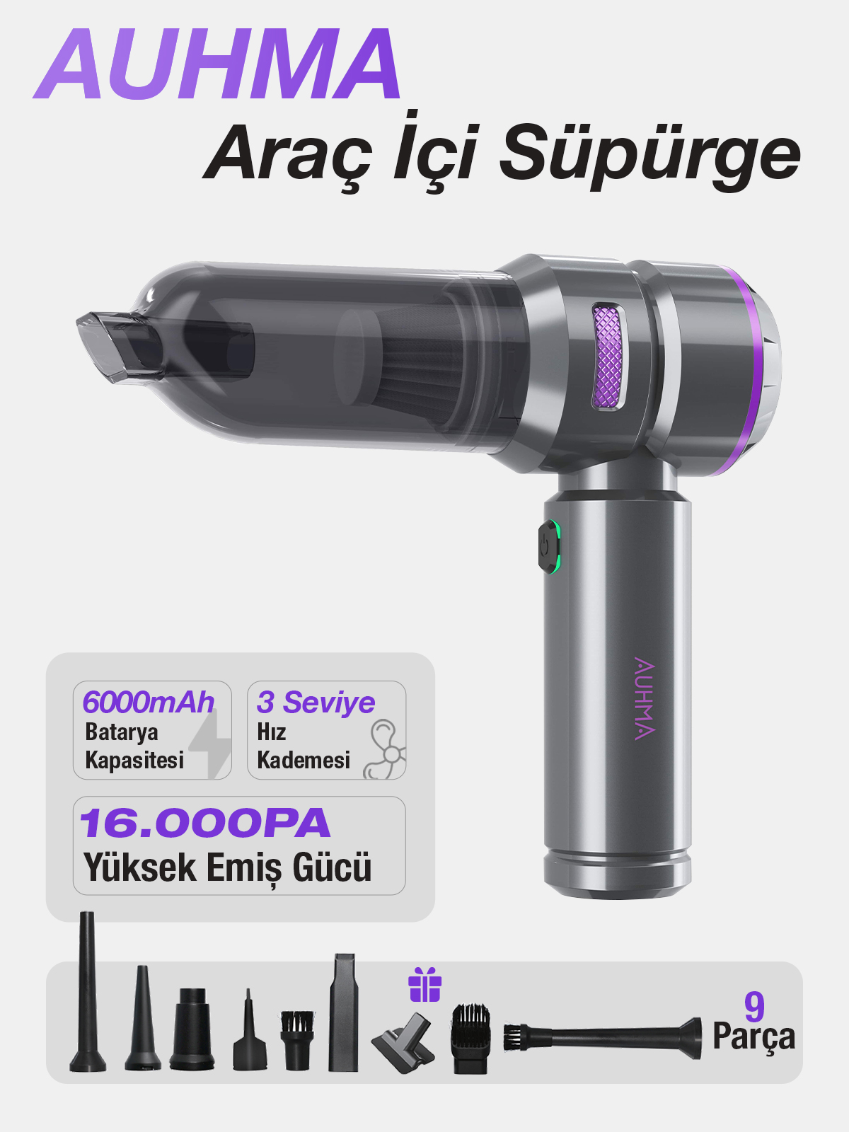 Auhma AHV-01 Kablosuz Güçlü Araç Süpürgesi ve Hava Üfleyici | 16000PA Vakum Gücü | 3 Kademeli Hız | 9 Parça Aksesuar