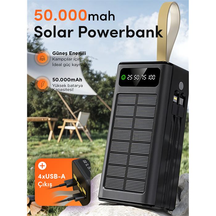 Linkage LKP-47 50000mAh Solar Powerbank | Güneş Enerjili Taşınabilir Şarj Aleti | LCD Ekranlı, Çoklu Giriş & Çıkışlı, Kamp Işıklı