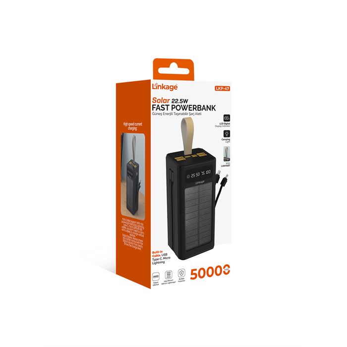 Linkage LKP-47 50000mAh Solar Powerbank | Güneş Enerjili Taşınabilir Şarj Aleti | LCD Ekranlı, Çoklu Giriş & Çıkışlı, Kamp Işıklı