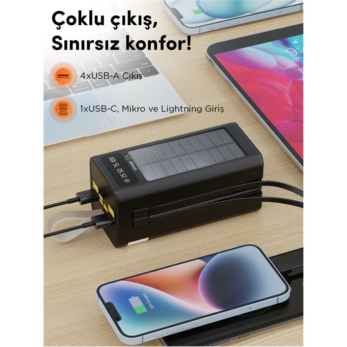 Linkage LKP-47 50000mAh Solar Powerbank | Güneş Enerjili Taşınabilir Şarj Aleti | LCD Ekranlı, Çoklu Giriş & Çıkışlı, Kamp Işıklı