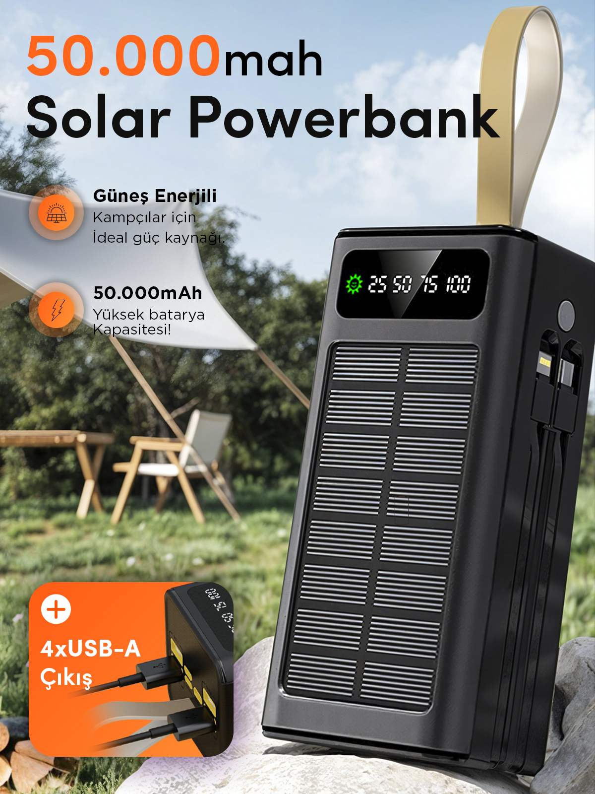 Linkage LKP-47 50000mAh Solar Powerbank | Güneş Enerjili Taşınabilir Şarj Aleti | LCD Ekranlı, Çoklu Giriş & Çıkışlı, Kamp Işıklı
