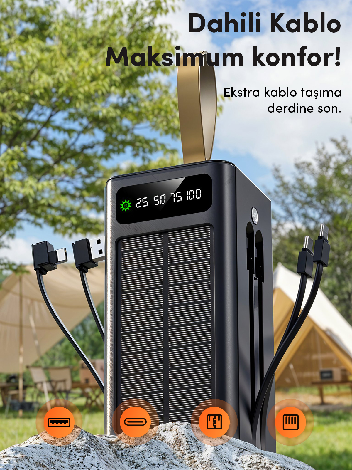 Linkage LKP-47 50000mAh Solar Powerbank | Güneş Enerjili Taşınabilir Şarj Aleti | LCD Ekranlı, Çoklu Giriş & Çıkışlı, Kamp Işıklı