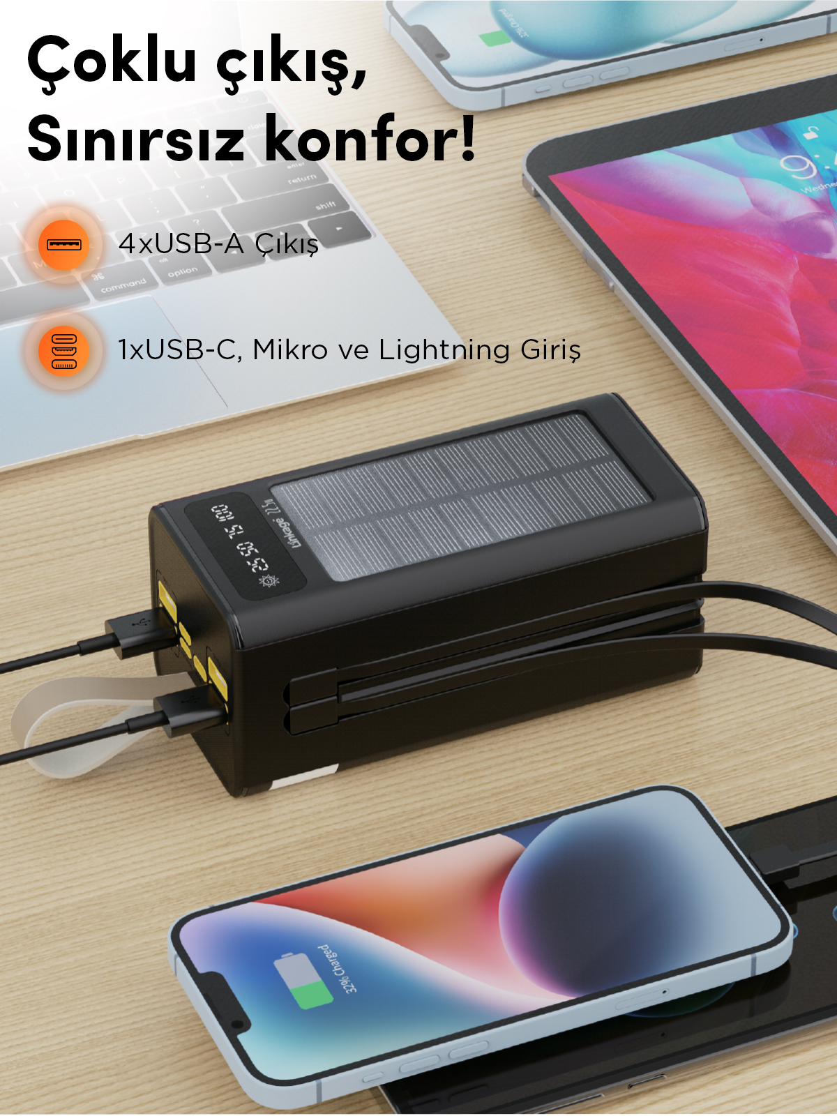 Linkage LKP-47 50000mAh Solar Powerbank | Güneş Enerjili Taşınabilir Şarj Aleti | LCD Ekranlı, Çoklu Giriş & Çıkışlı, Kamp Işıklı