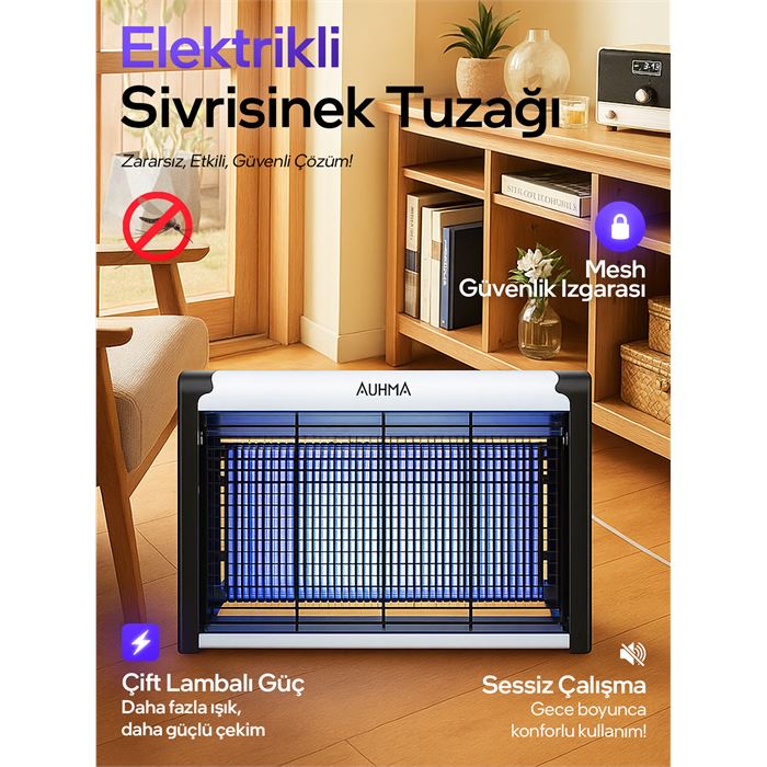 Auhma AQM01 Çift Ampullü Elektrikli Sineklik | Sivrisinek Kovucu & Yakalama Cihazı | 30 m² Etki Alanı | Dış Mekan Kullanımı