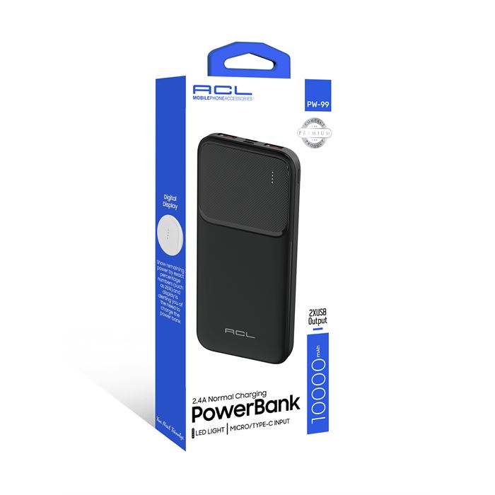 ACL PW-99 10000mAh Powerbank Siyah | LED Göstergeli, Çift USB & Type-C Çıkışlı, Akıllı Güvenlik Sistemli Taşınabilir Şarj Cihazı