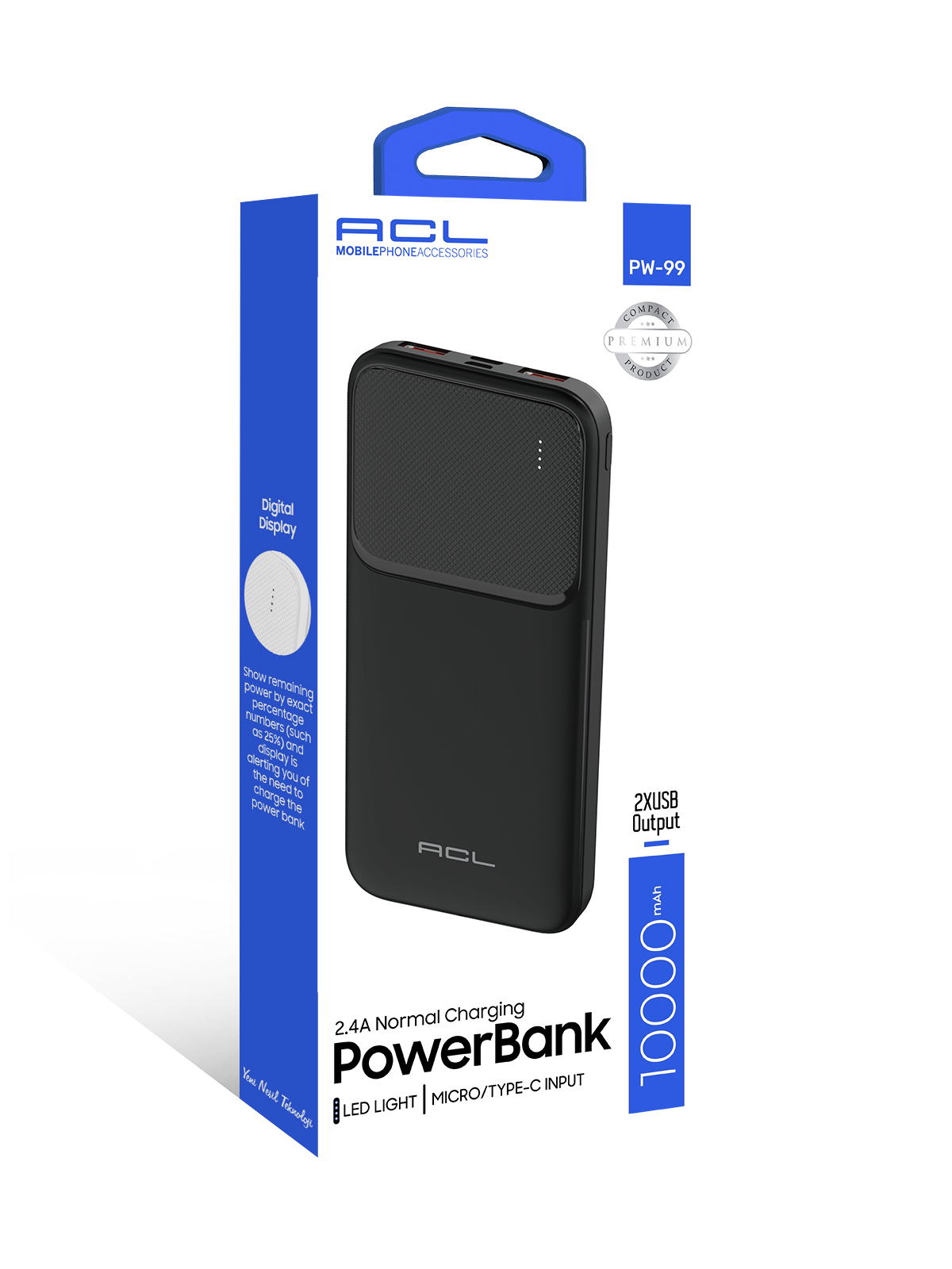 ACL PW-99 10000mAh Powerbank Siyah | LED Göstergeli, Çift USB & Type-C Çıkışlı, Akıllı Güvenlik Sistemli Taşınabilir Şarj Cihazı