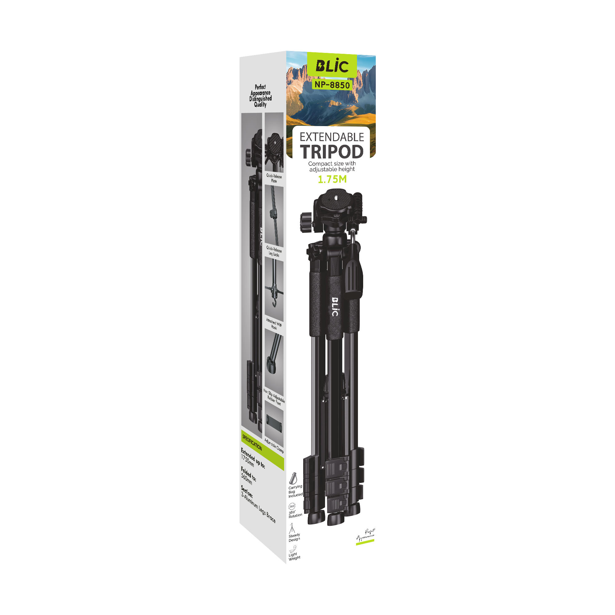 Blic NP-8850 1.75 Metre Profesyonel Alüminyum Tripod | 360° Döner Başlık | Taşıma Çantalı | 3KG Taşıma Kapasiteli