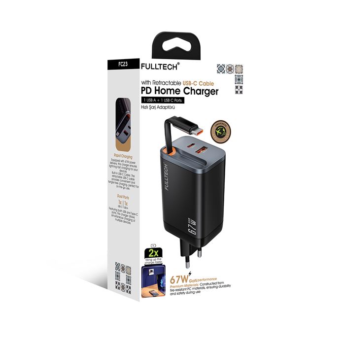 Fulltech FC23 67W GaN Hızlı Şarj Adaptörü | Dahili Retractable USB-C Kablo + USB-A Çıkışı | Telefon, Tablet ve Laptop Uyumlu