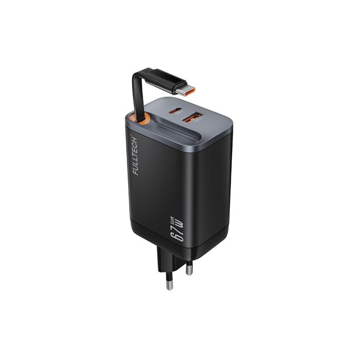 Fulltech FC23 67W GaN Hızlı Şarj Adaptörü | Dahili Retractable USB-C Kablo + USB-A Çıkışı | Telefon, Tablet ve Laptop Uyumlu
