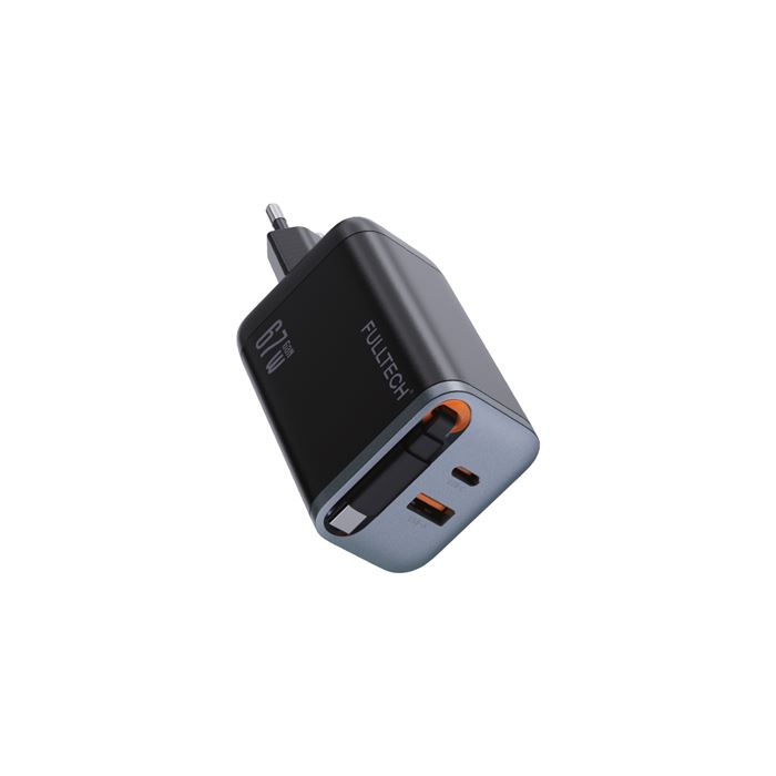 Fulltech FC23 67W GaN Hızlı Şarj Adaptörü | Dahili Retractable USB-C Kablo + USB-A Çıkışı | Telefon, Tablet ve Laptop Uyumlu