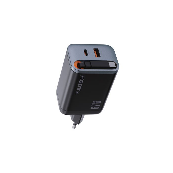 Fulltech FC23 67W GaN Hızlı Şarj Adaptörü | Dahili Retractable USB-C Kablo + USB-A Çıkışı | Telefon, Tablet ve Laptop Uyumlu