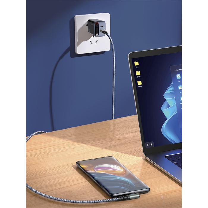 Fulltech FC23 67W GaN Hızlı Şarj Adaptörü | Dahili Retractable USB-C Kablo + USB-A Çıkışı | Telefon, Tablet ve Laptop Uyumlu