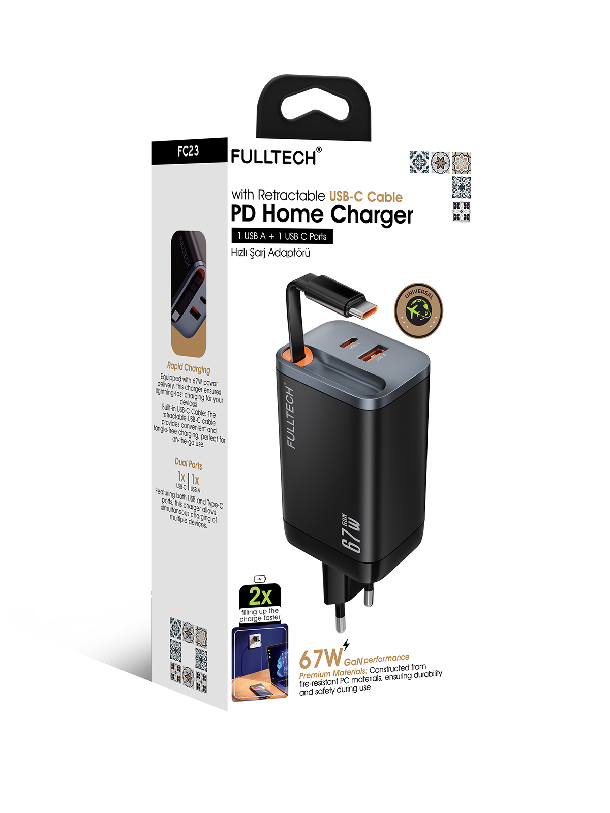 Fulltech FC23 67W GaN Hızlı Şarj Adaptörü | Dahili Retractable USB-C Kablo + USB-A Çıkışı | Telefon, Tablet ve Laptop Uyumlu