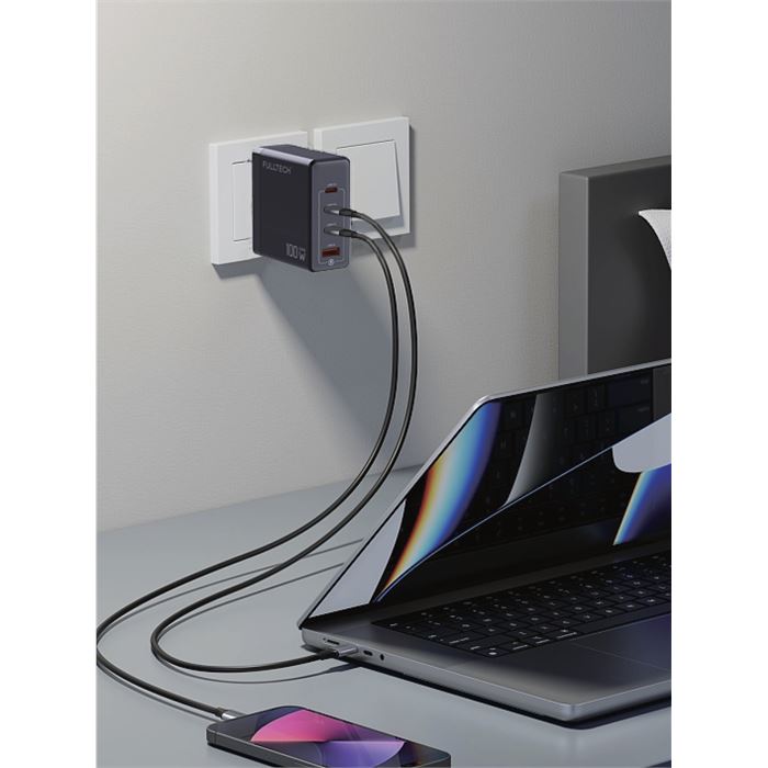Fulltech FC24 100W GaN Hızlı Şarj Adaptörü | 3x USB-C + 1x USB-A Çoklu Port | Laptop & Telefon Uyumlu | PD Power Delivery