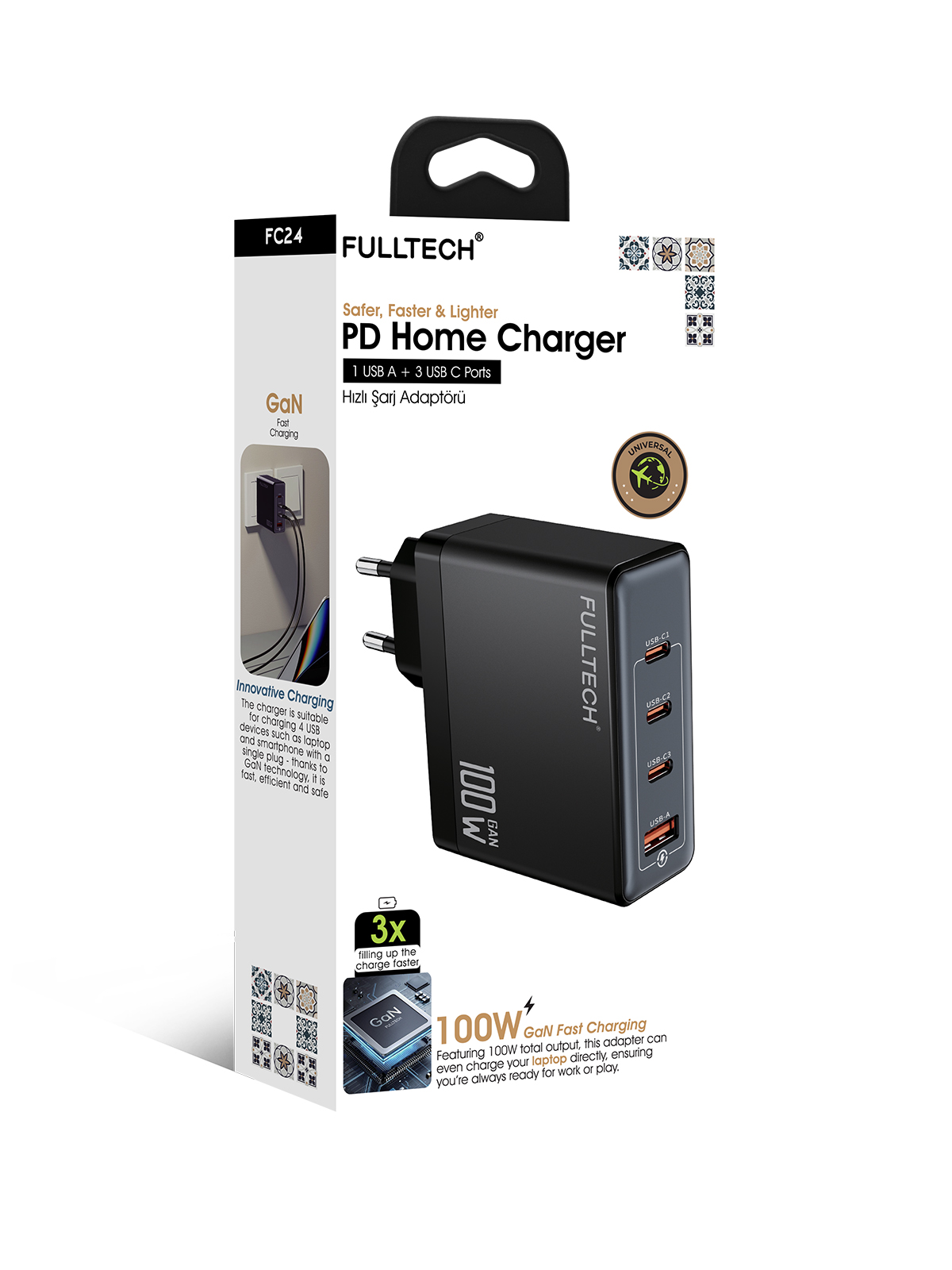 Fulltech FC24 100W GaN Hızlı Şarj Adaptörü | 3x USB-C + 1x USB-A Çoklu Port | Laptop & Telefon Uyumlu | PD Power Delivery