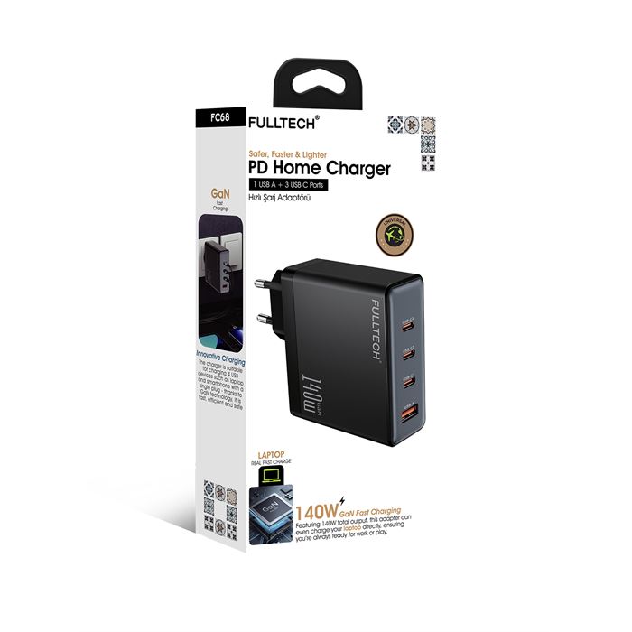 Fulltech FC68 140W GaN Hızlı Şarj Adaptörü | 1x USB-A + 3x USB-C Port | PD Süper Hızlı Laptop ve Telefon Şarj Cihazı