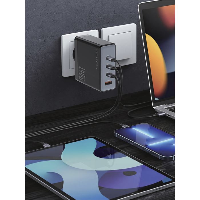 Fulltech FC68 140W GaN Hızlı Şarj Adaptörü | 1x USB-A + 3x USB-C Port | PD Süper Hızlı Laptop ve Telefon Şarj Cihazı