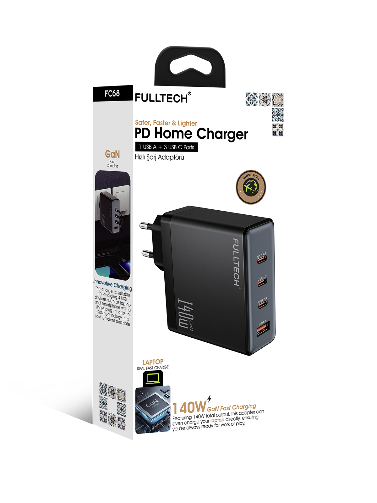 Fulltech FC68 140W GaN Hızlı Şarj Adaptörü | 1x USB-A + 3x USB-C Port | PD Süper Hızlı Laptop ve Telefon Şarj Cihazı