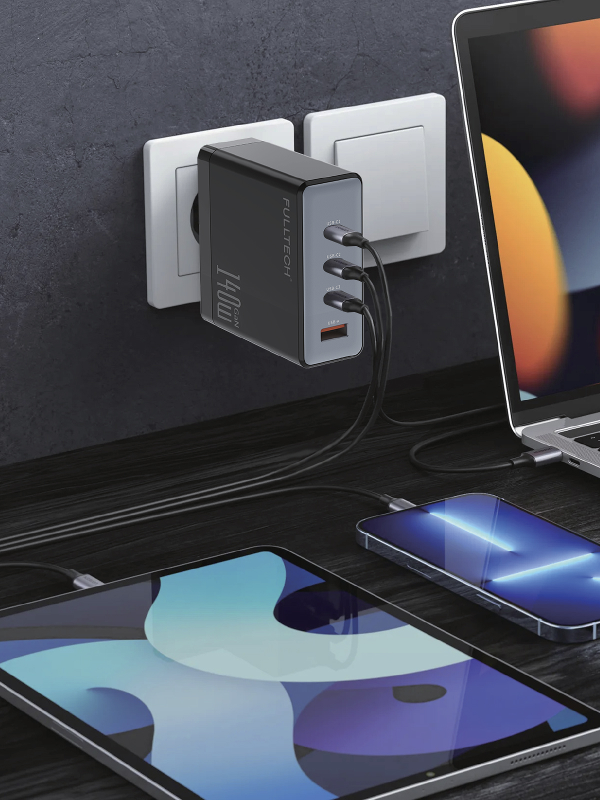 Fulltech FC68 140W GaN Hızlı Şarj Adaptörü | 1x USB-A + 3x USB-C Port | PD Süper Hızlı Laptop ve Telefon Şarj Cihazı