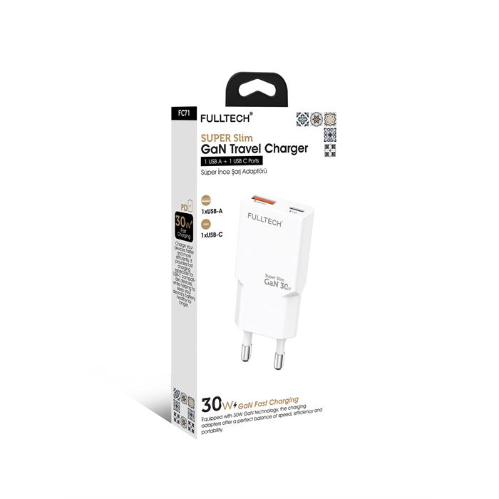 Fulltech FC71 30W GaN Süper İnce Hızlı Şarj Adaptörü | 1x USB-A + 1x USB-C | PD 30W & QC 3.0 Destekli Seyahat Tipi Şarj Cihazı