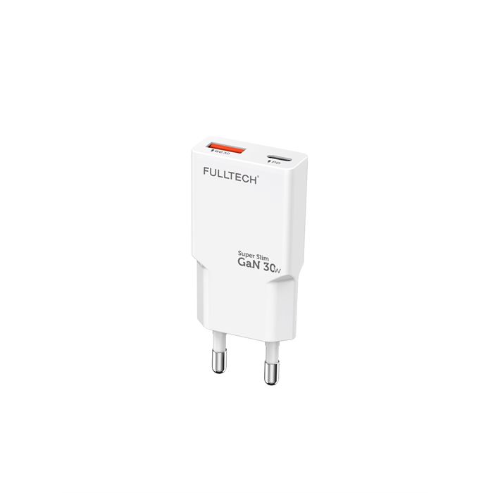 Fulltech FC71 30W GaN Süper İnce Hızlı Şarj Adaptörü | 1x USB-A + 1x USB-C | PD 30W & QC 3.0 Destekli Seyahat Tipi Şarj Cihazı