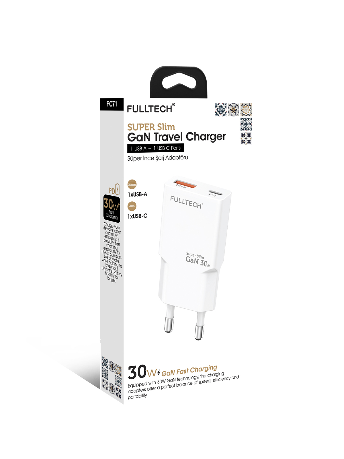 Fulltech FC71 30W GaN Süper İnce Hızlı Şarj Adaptörü | 1x USB-A + 1x USB-C | PD 30W & QC 3.0 Destekli Seyahat Tipi Şarj Cihazı