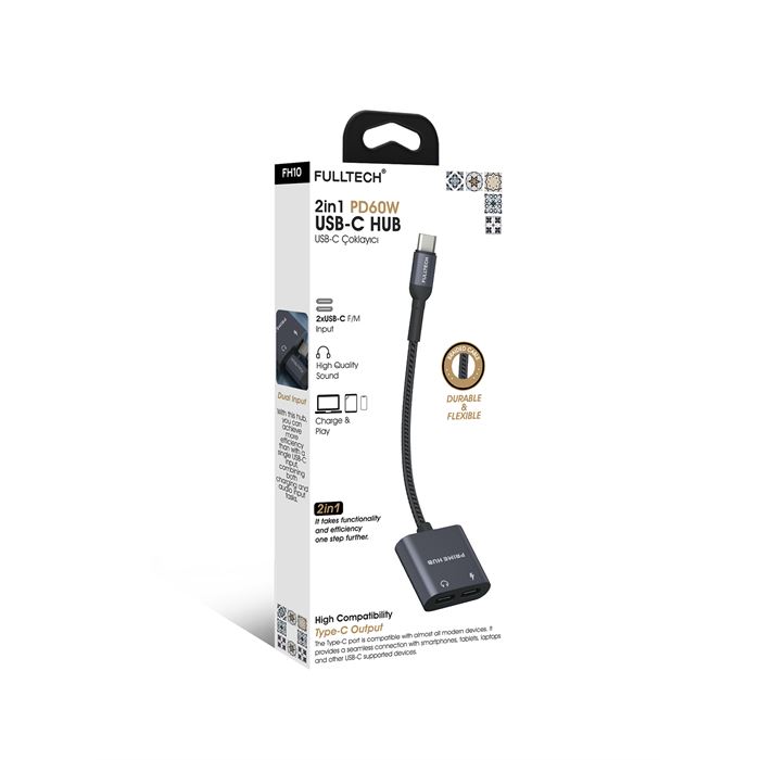 Fulltech FH10 2'si 1 Arada USB-C HUB | PD 60W Hızlı Şarj & Ses Aktarımı | Çift USB-C Girişli | Örgü Kablolu Taşınabilir Çoklayıcı