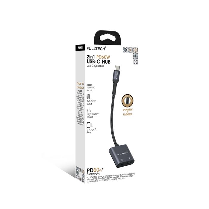 Fulltech FH11 2in1 PD 60W USB-C Çoklayıcı | Hızlı Şarj + 3.5mm Ses Girişi Destekli Taşınabilir USB-C HUB