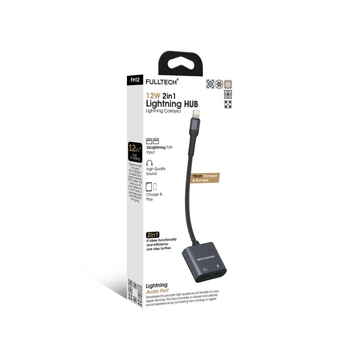 Fulltech FH12 12W 2in1 Lightning Çoklayıcı Hub - Çift Lightning Girişli, Hızlı Şarj ve Ses Aktarımlı