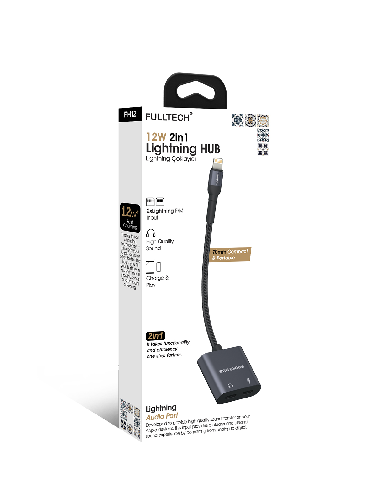 Fulltech FH12 12W 2in1 Lightning Çoklayıcı Hub - Çift Lightning Girişli, Hızlı Şarj ve Ses Aktarımlı